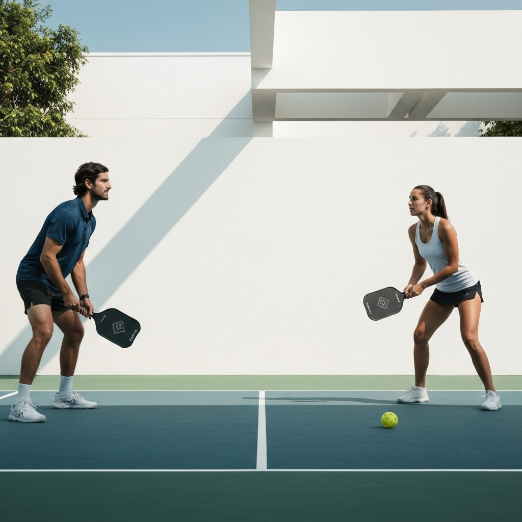Two pickleball players, one male and one female, standing on opposite sides of a pickleball court in ready positions. The female player is about to serve. They are both wearing athletic attire and appear focused. The scene is shot from a slightly low angle, emphasizing the dynamic nature of the game, captured in bright, natural daylight.