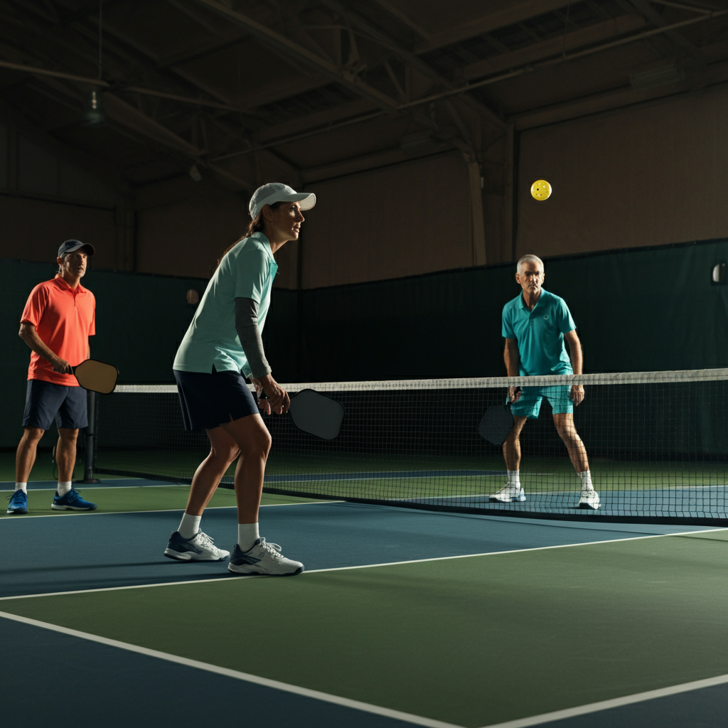 Four pickleball players standing on a court, two on each side, in a doubles formation. The focus is on the player on the right side of the serving team, who is holding a paddle and preparing to serve. The lighting is even, and the background shows a well-maintained pickleball court facility.
