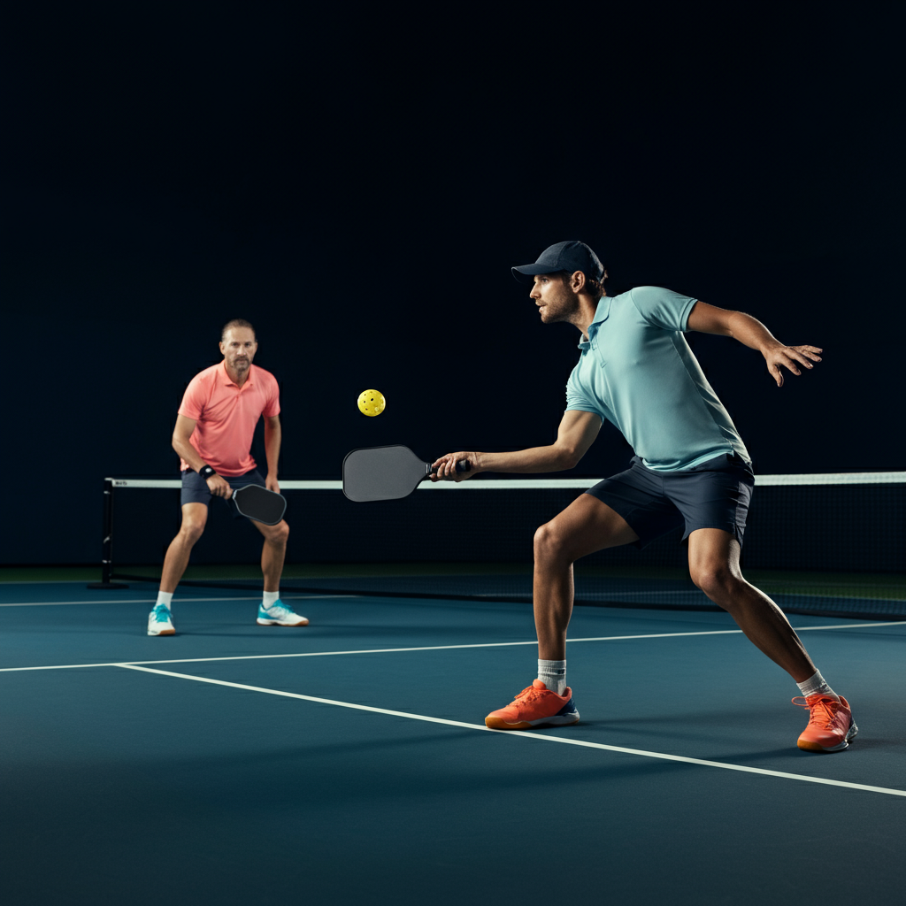 A blurred action shot of two pickleball players in mid-game, one reaching to hit the ball and the other moving into position. The background shows the court lines and net, with a shallow depth of field to emphasize the motion. Captured with fast shutter speed and dynamic composition.