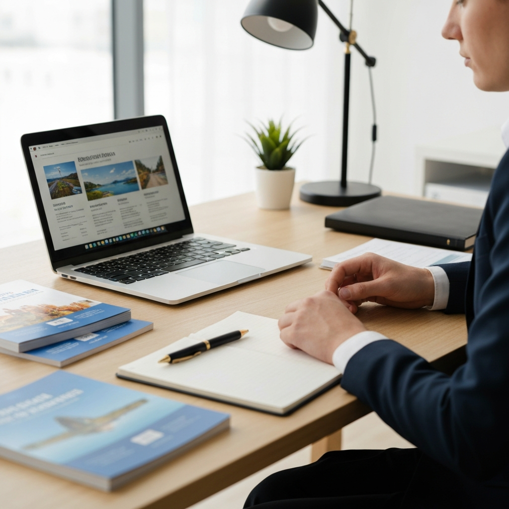 A brightly lit office desk with travel brochures spread out, a laptop displaying destination information, and a pen resting on a notepad.