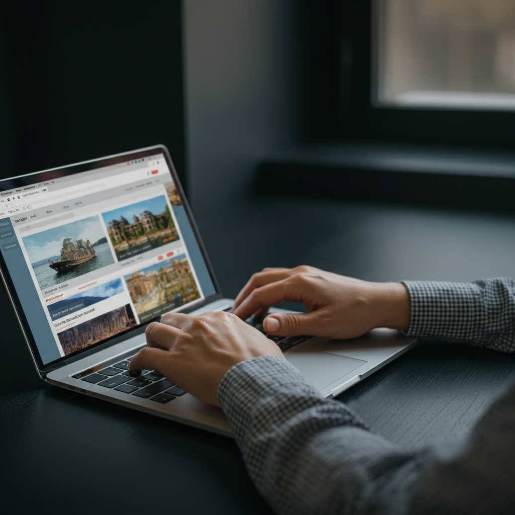 Close-up shot of hands typing on a laptop keyboard, the screen blurred but showing faint outlines of airline and hotel booking websites.