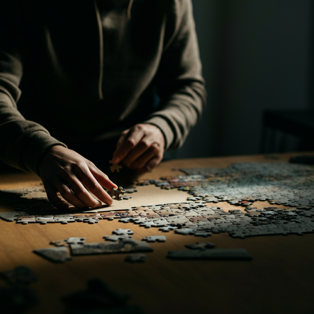 A person meticulously arranging puzzle pieces on a table, soft, diffused light highlighting the textures of the cardboard.