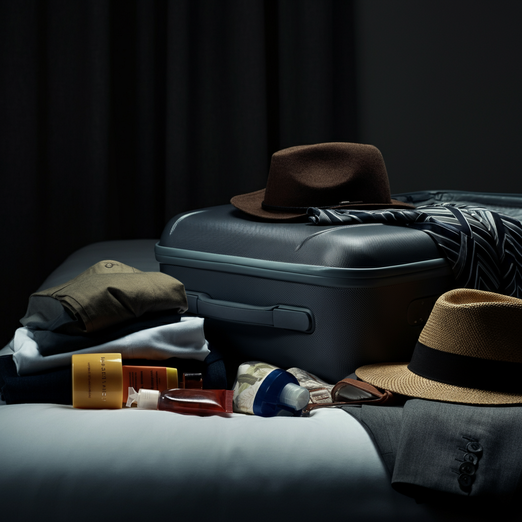A partially packed suitcase on a bed, clothes neatly folded and arranged, with travel-sized toiletries visible.