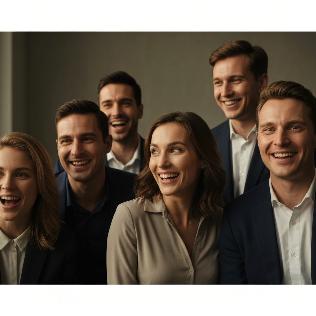 A group of friends and family gathered together, smiling and looking excited, soft golden hour lighting casting warm shadows.