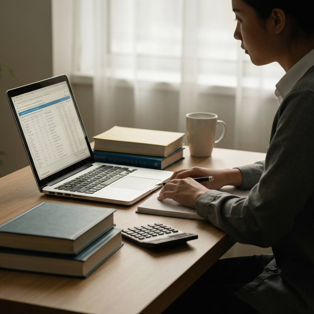 A student sitting at a desk with a laptop, working on a budget spreadsheet. Soft, natural light streams in from a window, highlighting the screen and a nearby stack of textbooks. A calculator and a coffee mug are also on the desk, creating a busy yet organized scene.