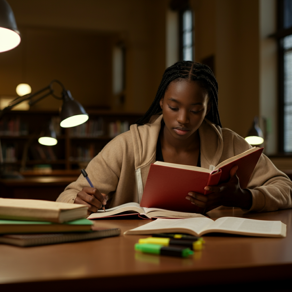 A student sitting at a library desk, focused on a textbook with several highlighters and notebooks surrounding them. The scene is well-lit with overhead lamps and the student has a focused expression. Soft bokeh in the background.