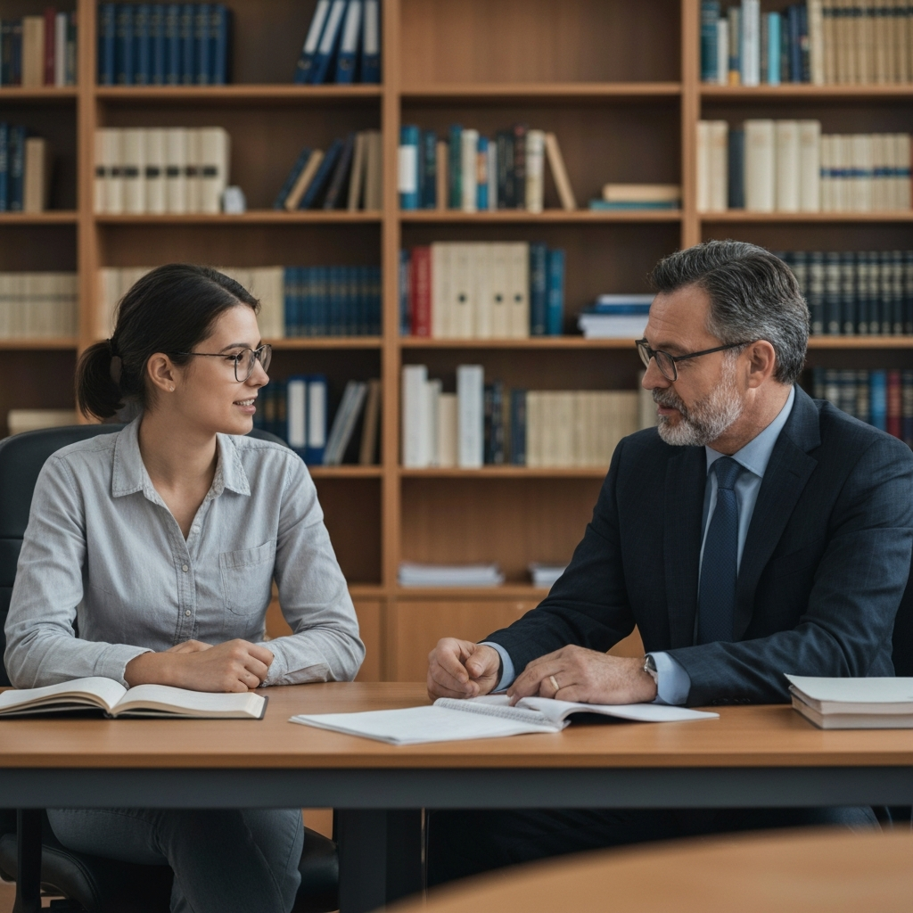 A student talking to a professor in their office. The office is warmly lit with bookshelves in the background. The student and professor are engaged in a respectful and professional conversation, with the professor listening attentively.