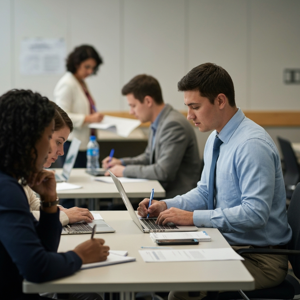 A student using a university tutoring center. The scene is bright and inviting with other students working at tables and tutors providing assistance. The atmosphere is focused and supportive.