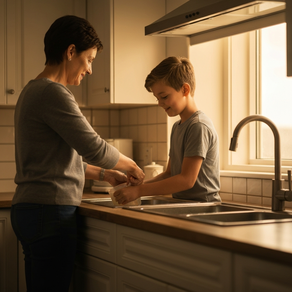 A warmly lit kitchen at dusk. A 12-year-old boy helps his mom wash dishes; soft light through the window creates bokeh around them; the boy is smiling slightly.