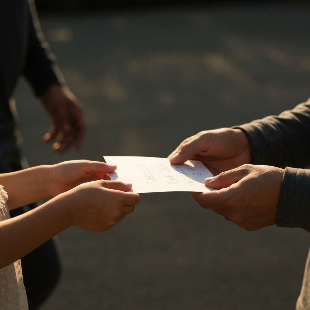 A young girl hands her father a handmade card on Father's Day. The focus is on their hands exchanging the card, with soft, diffuse light illuminating the textures of the paper and their skin.