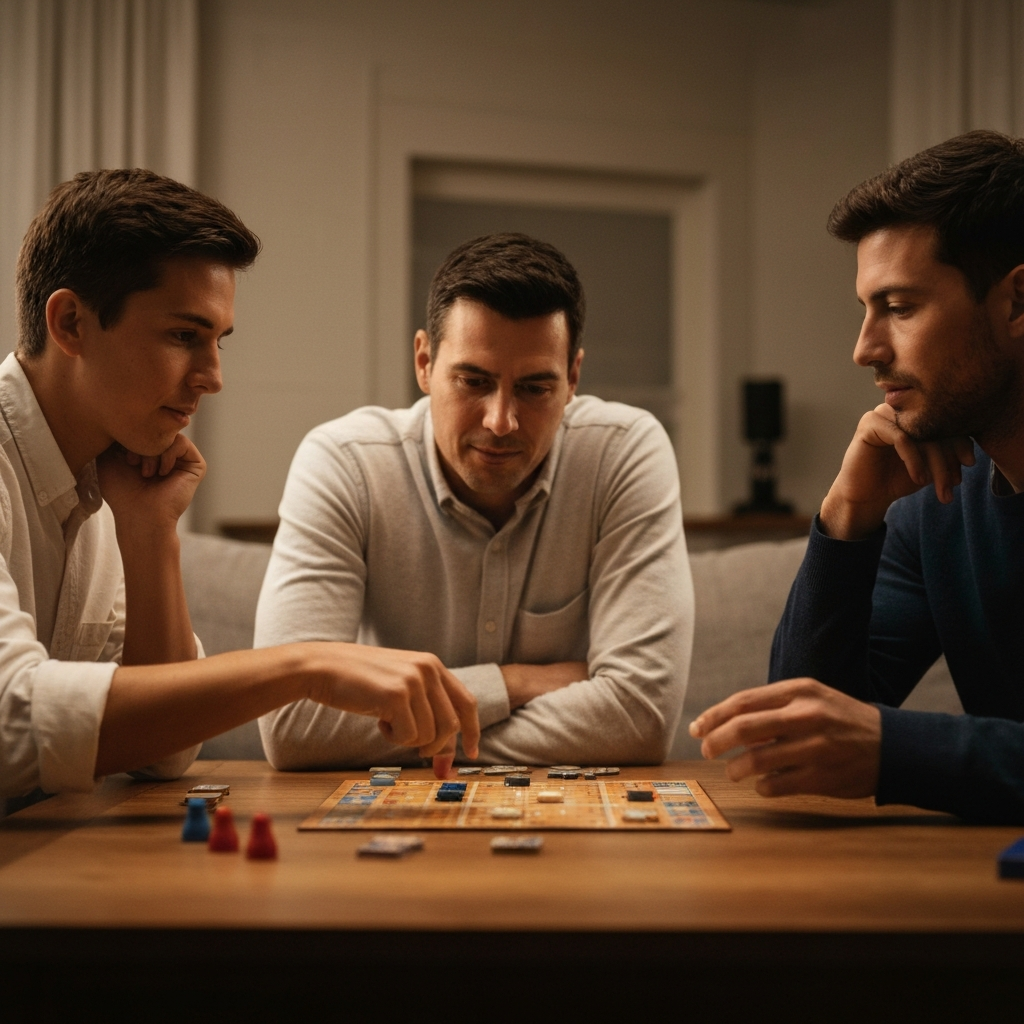 A family of four is playing a board game in their living room. The lighting is warm and inviting, casting soft shadows on the faces of the players. The focus is on the game board and the expressions of concentration and enjoyment.