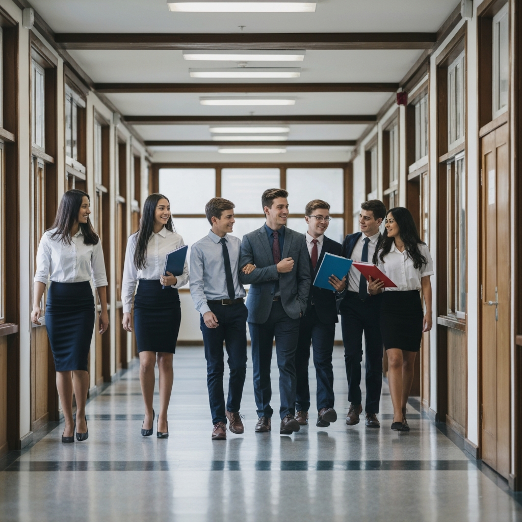 A group of well-dressed students walking down a school hallway. The lighting is natural and bright, highlighting the clean and orderly environment. The students are interacting positively and respecting the school's rules.