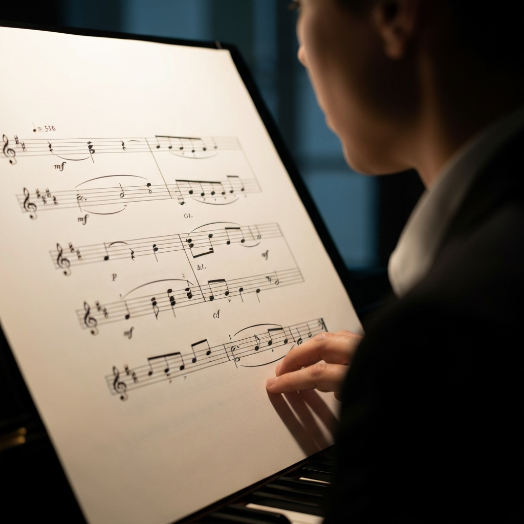 A close-up of sheet music on a piano's music stand, softly lit from above. The page shows a simple melody line with handwritten annotations indicating possible key signatures.