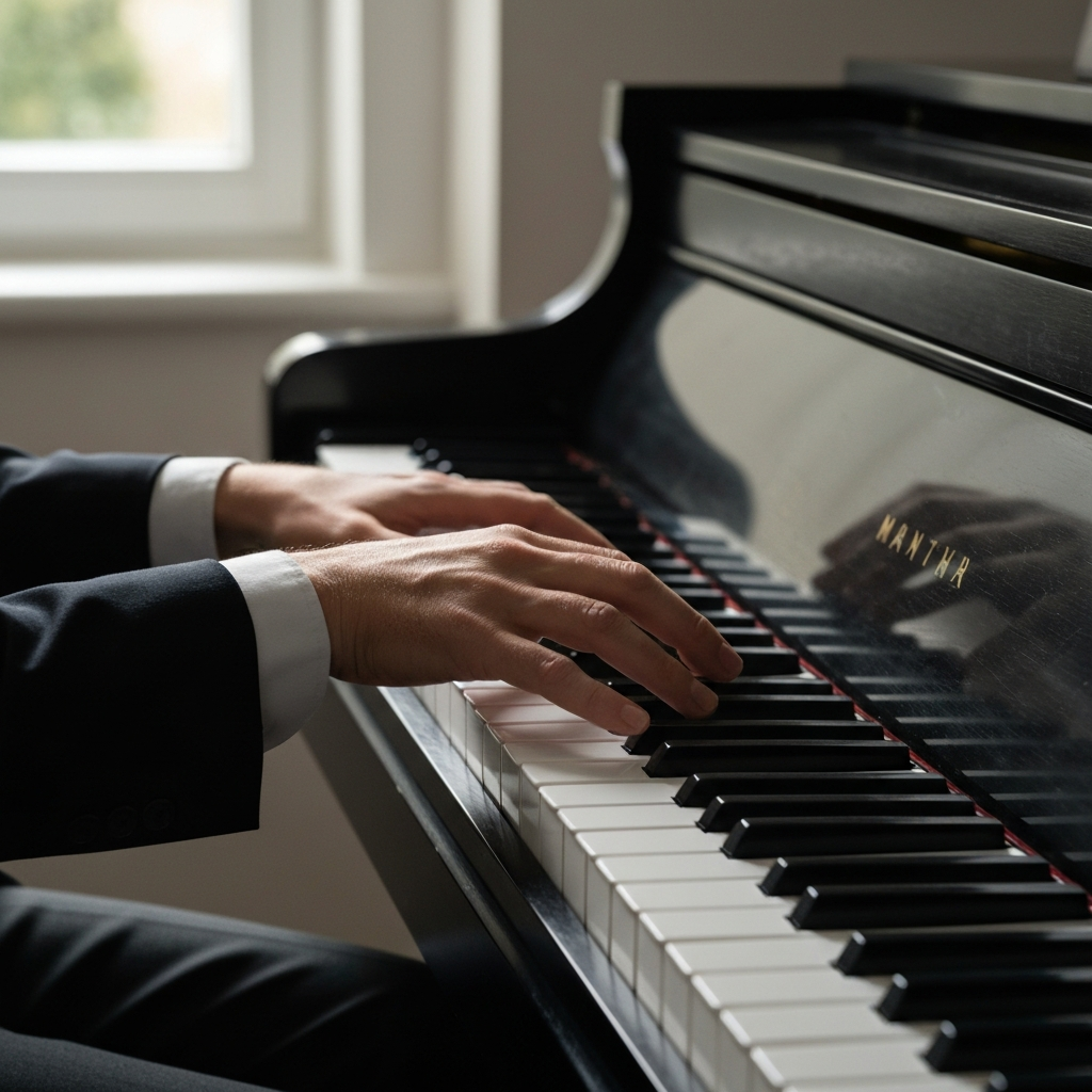 Hands resting on a piano keyboard, poised to play. Natural light filters through a nearby window, casting a warm glow on the ivory keys.