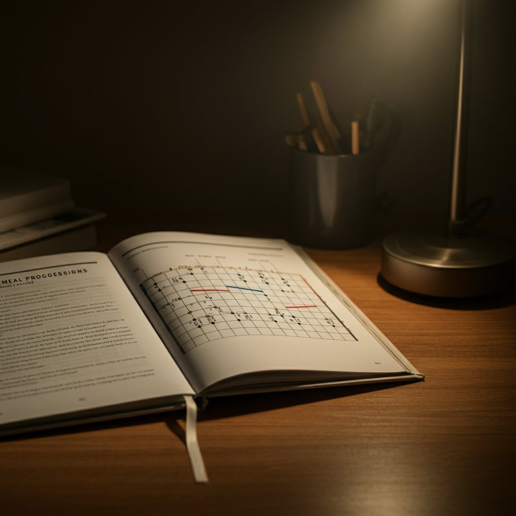 A textbook open on a desk, showing a diagram of the circle of fifths and common chord progressions in major and minor keys. The room is warmly lit and organized.