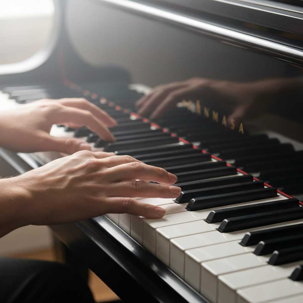 A musician's hands demonstrating different chord inversions on a piano. Soft lighting highlights the texture of the ivory keys.