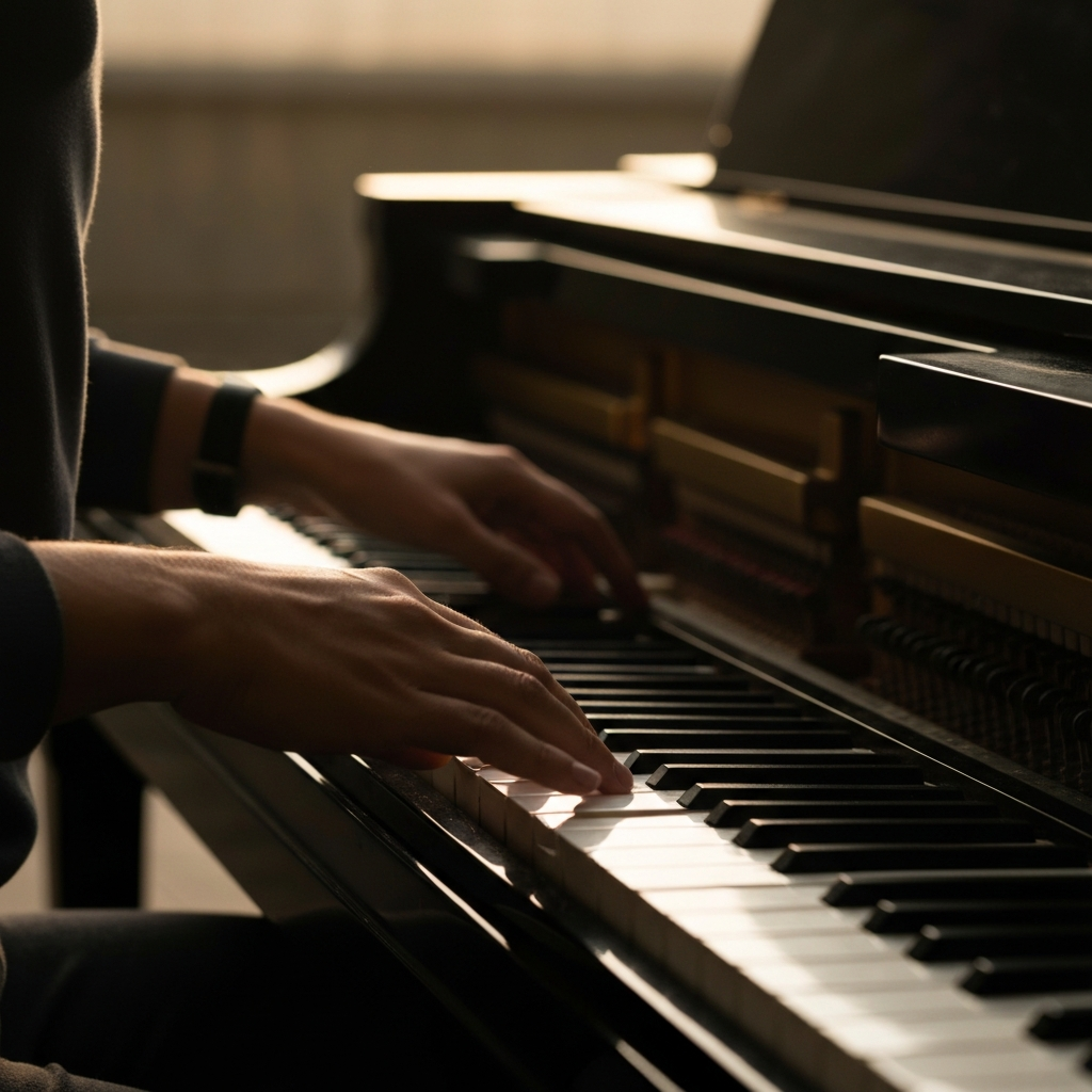 A close-up of a piano's soundboard vibrating as chords are played with rhythmic variation. The image is side-lit to emphasize the textures.