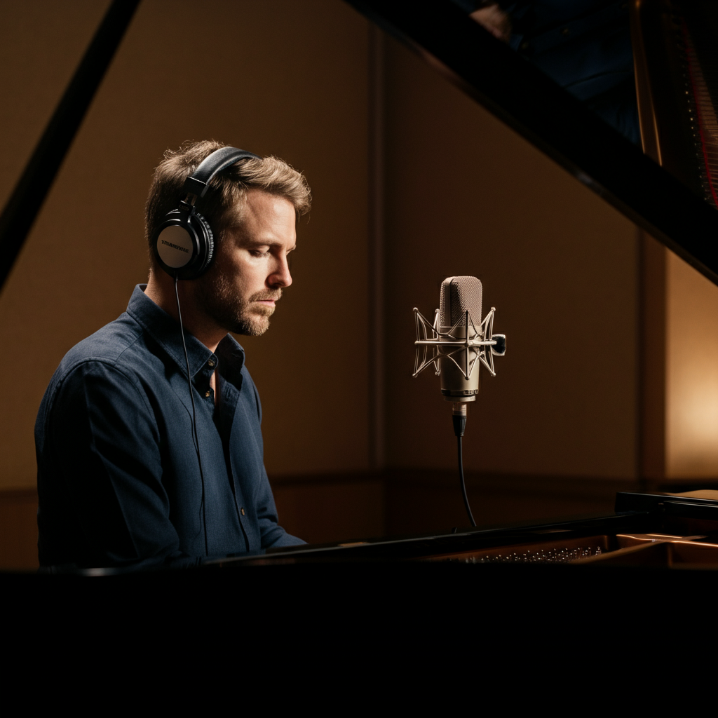 A musician wearing headphones, intently listening to a recording of their piano playing. The room is dimly lit, creating a focused atmosphere.