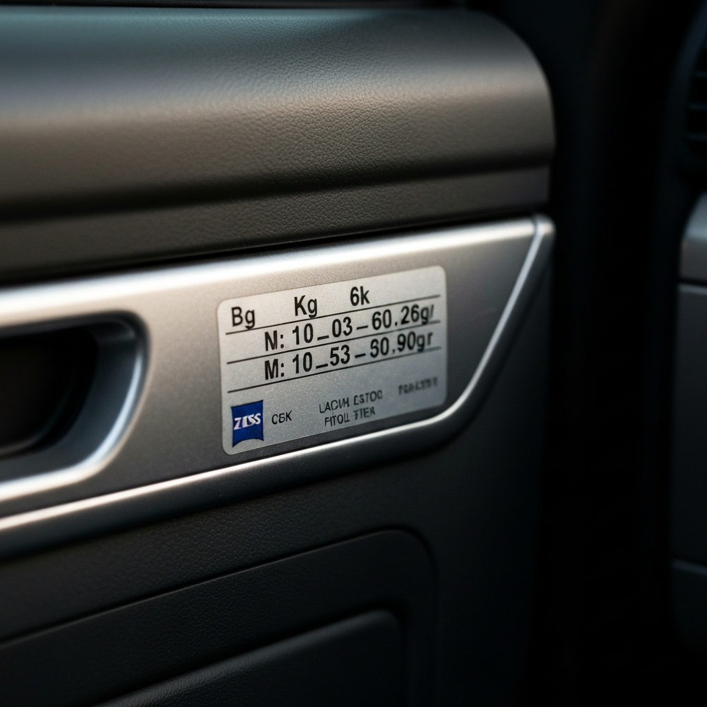 Close-up of a car's driver-side doorjamb with a sticker displaying weight and tire information. The sticker is slightly worn, showing the vehicle's age, and side-lit to emphasize the texture of the metal and sticker material.