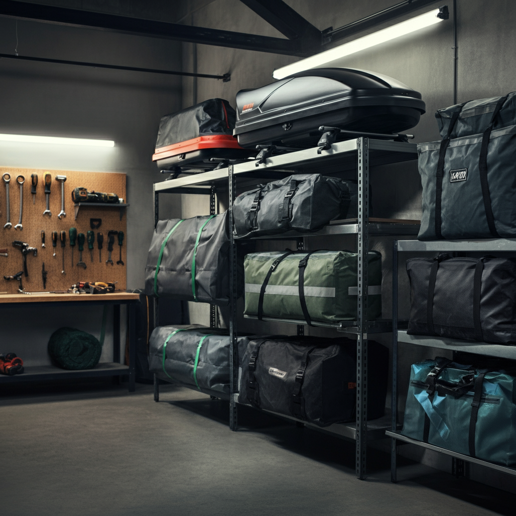 Wide shot of a garage interior. A variety of roof-mounted cargo solutions (cargo box, cargo bag, roof basket) are neatly organized on shelves. Tools are visible on a workbench in the background, with soft bokeh creating a clean, professional aesthetic.
