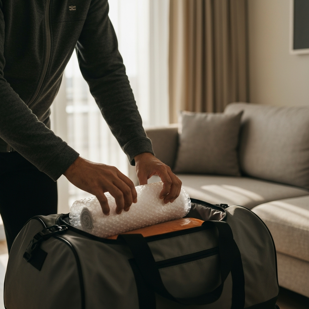 Medium shot of a person packing luggage inside a well-lit living room. Focus on hands carefully wrapping items in bubble wrap and neatly arranging them inside a duffel bag. Natural light filters in through a window, casting soft shadows.
