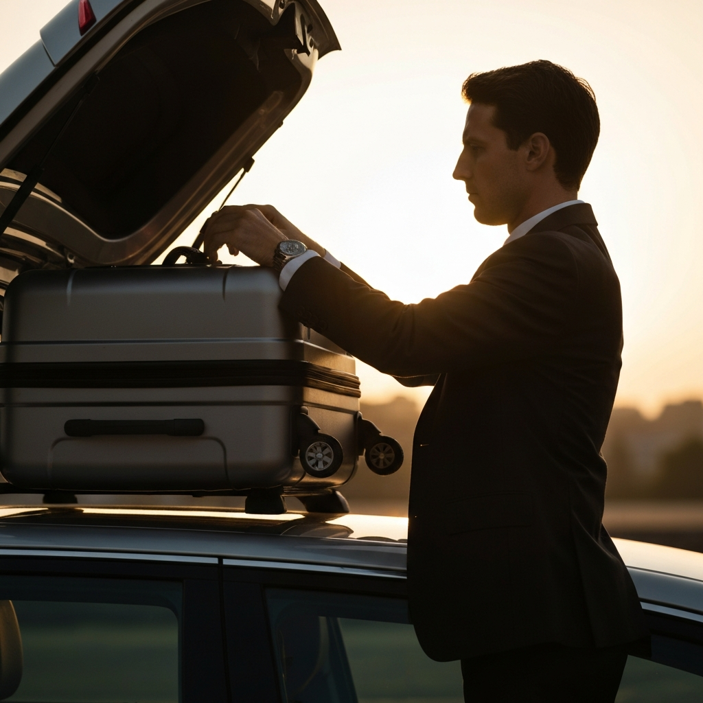 Side-lit view of a person carefully placing a suitcase into a cargo box mounted on top of a car. They are using both hands to ensure proper placement and weight distribution. Golden hour lighting provides a warm, inviting tone.