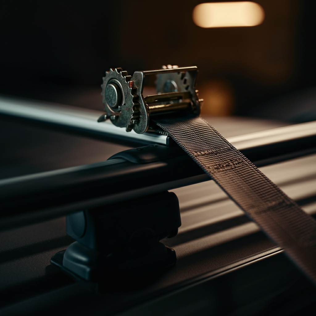 Close-up of a ratchet strap being tightened around luggage on a roof rack. Focus on the texture of the strap and the mechanism of the ratchet. Shallow depth of field highlights the tension in the strap.