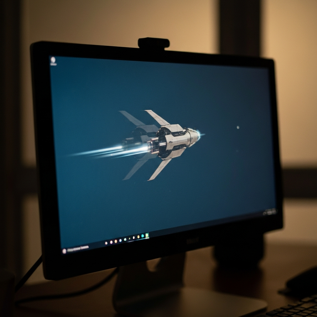 A close-up shot of a computer monitor displaying a fast-moving object, perhaps a spaceship in a game, with a subtle ghosting effect visible behind it. The room is dimly lit, emphasizing the screen's display. Soft focus on the background to draw attention to the monitor.