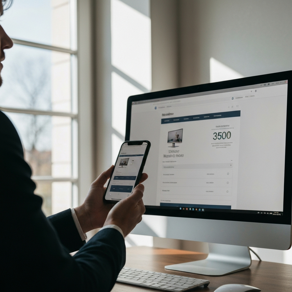 A person's hand holding a smartphone close to a computer monitor displaying the monitor's specifications on a website. The monitor is well-lit, and the smartphone is angled to capture the screen clearly. Natural light from a nearby window illuminates the scene.