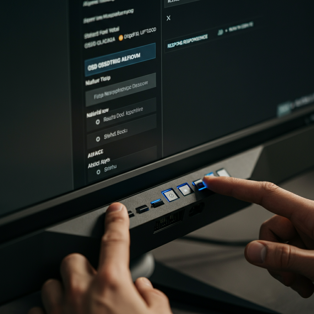 A close-up of a person's fingers pressing buttons on the bottom of a computer monitor to access the OSD menu. The monitor is displaying the OSD interface with options for adjusting response time. Focus is sharp on the fingers and buttons.