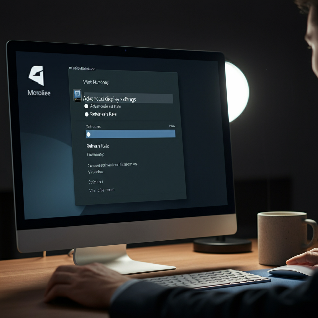 A computer screen displaying the "Advanced display settings" window in Windows, with the refresh rate dropdown menu highlighted. A hand is hovering over a mouse, ready to select a higher refresh rate option. The surrounding environment is a clean, organized workspace.