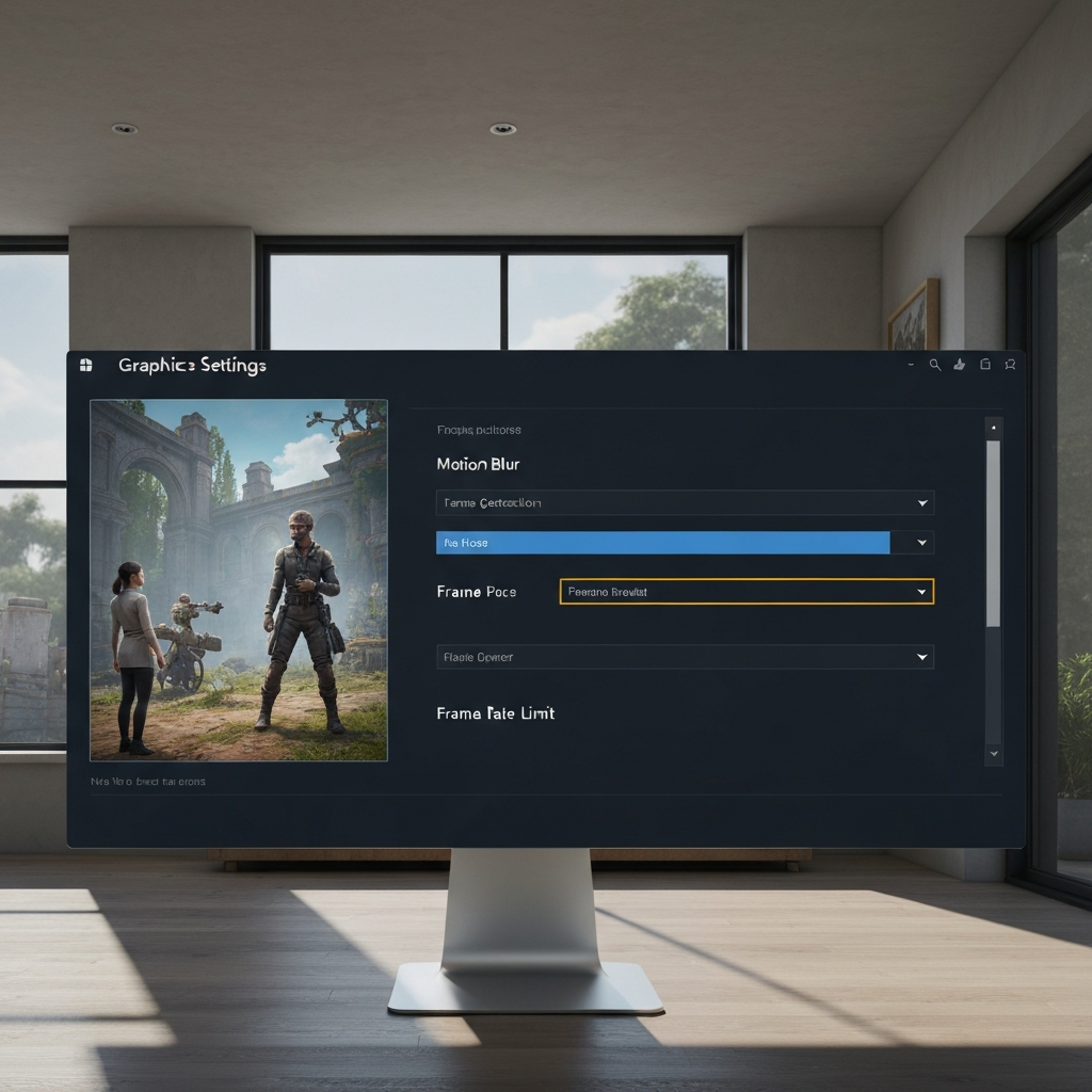 A computer screen displaying the graphics settings menu of a video game. The options for motion blur, frame generation, and frame rate limit are clearly visible and highlighted. The game scene in the background is vibrant and detailed.