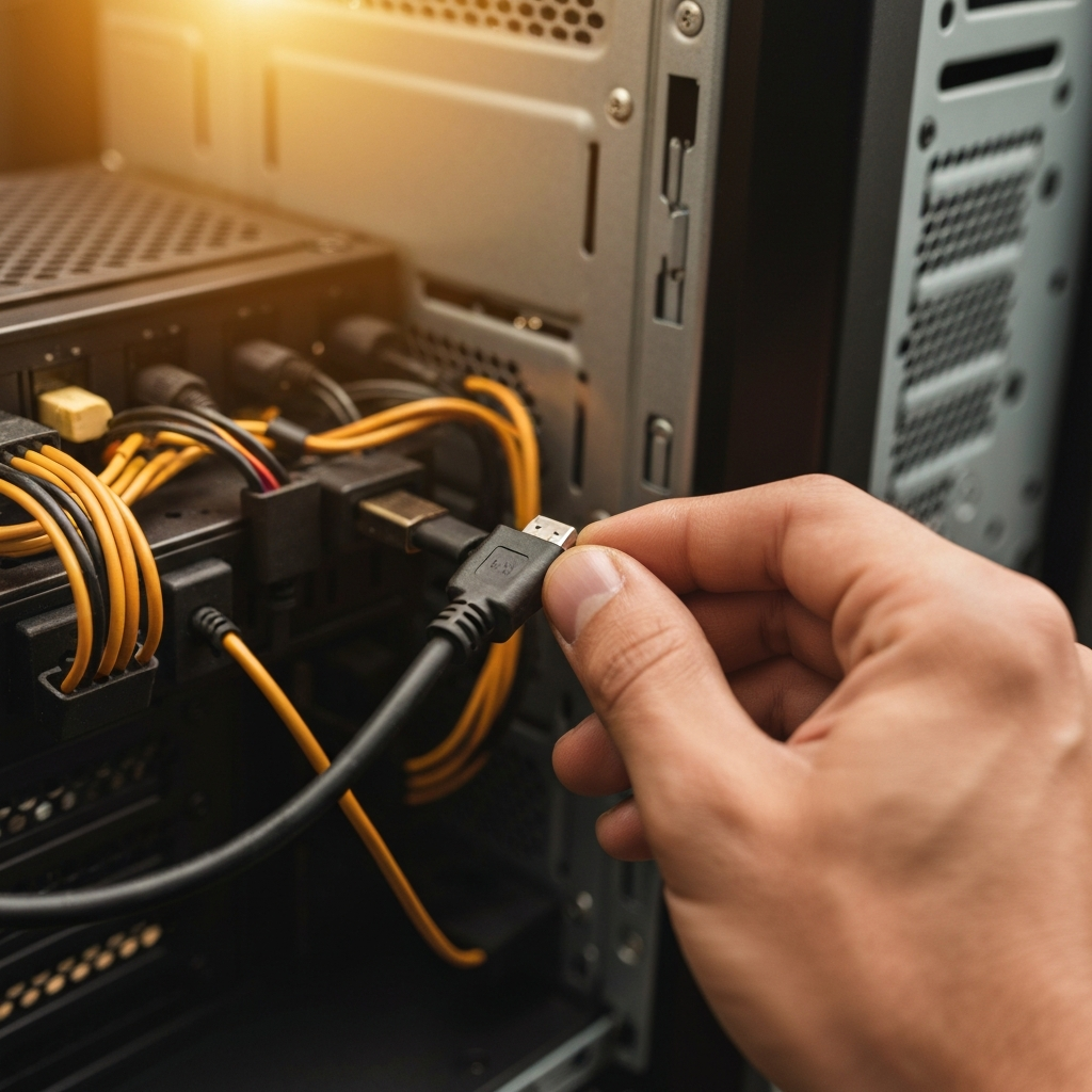 A close-up shot of a hand plugging a DisplayPort cable into the back of a computer tower. The cable is new and in excellent condition, with a secure connection. The surrounding cables are neatly organized.