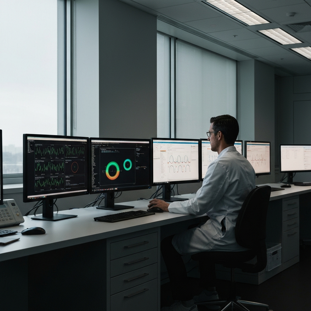 Medical research lab interior. A researcher in a lab coat is looking at a computer screen displaying pupil dilation data. Monitors are glowing in a slightly dark room, creating a focused and professional environment.