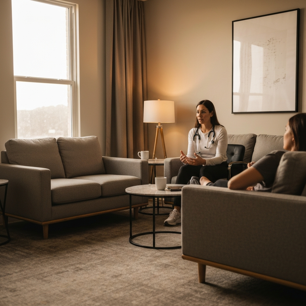 A therapist's office. Soft lighting, neutral colors, and comfortable furniture. A fully dressed professional is sitting across from a patient. They are engaged in a thoughtful discussion.