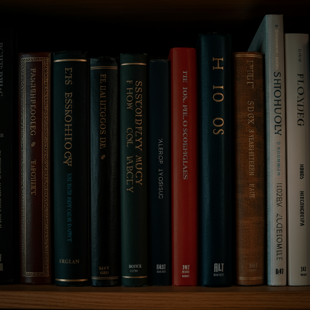 A bookshelf filled with psychology and sociology textbooks. Soft focus on the spines of the books. Warm, indirect lighting to convey knowledge and scholarly pursuits.