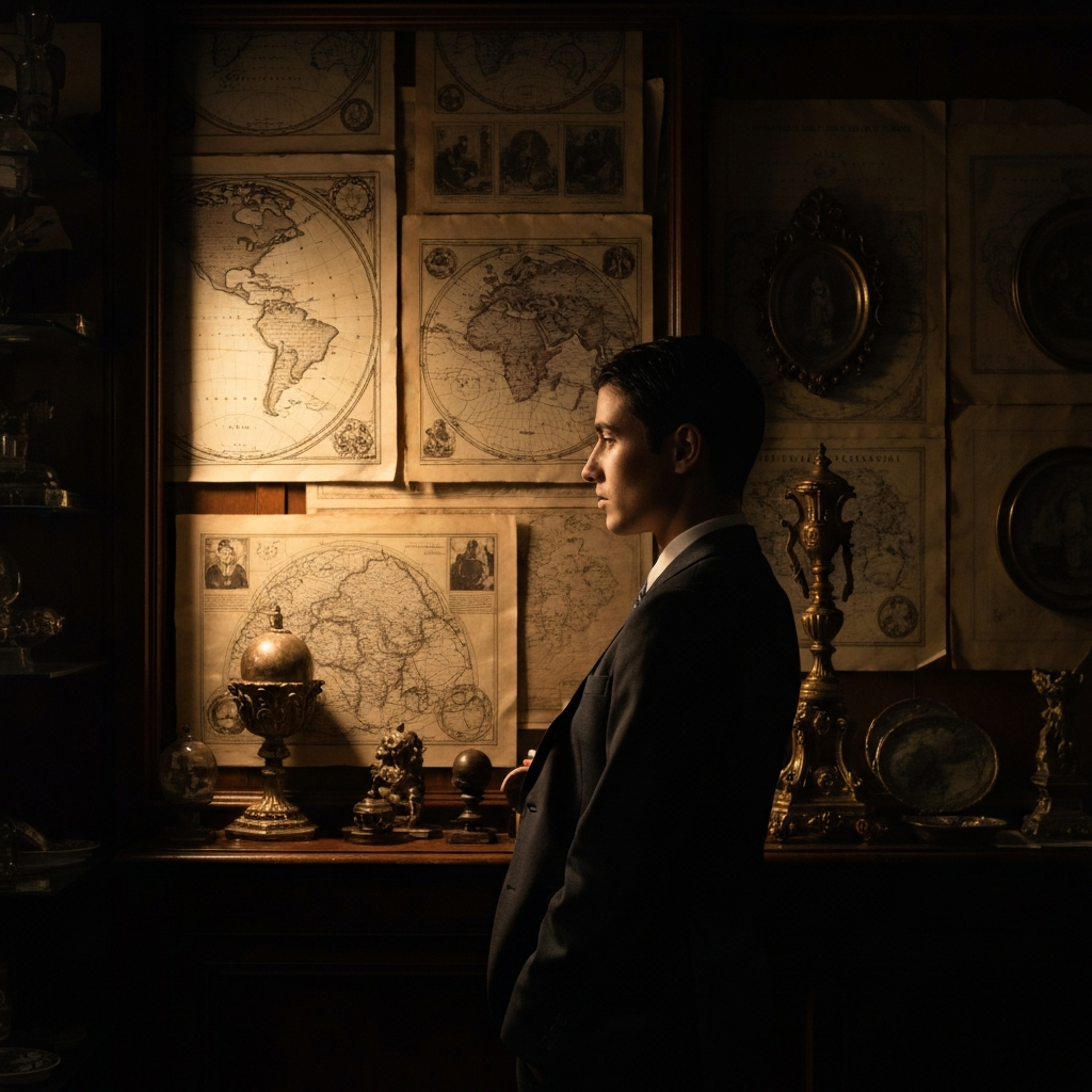 A dimly lit antique shop, with vintage maps and ornate curiosities on display. Side-lit textures of aged paper and wood. The focus is on creating a sense of historical depth and mysticism.