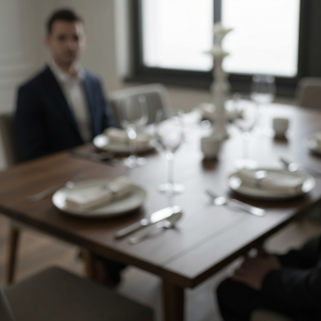 A blurry shot of a dining room table, viewed from above. Only the place settings are in focus: silverware, plates, and napkins. The light is diffused and even, suggesting an overcast day.