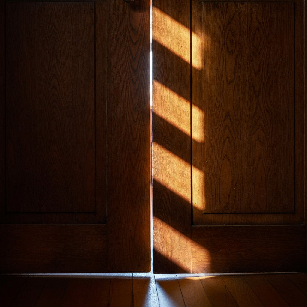 A closed wooden door, slightly ajar. A soft, warm light spills from the crack, casting long shadows on the floor. The wood grain is visible and detailed.