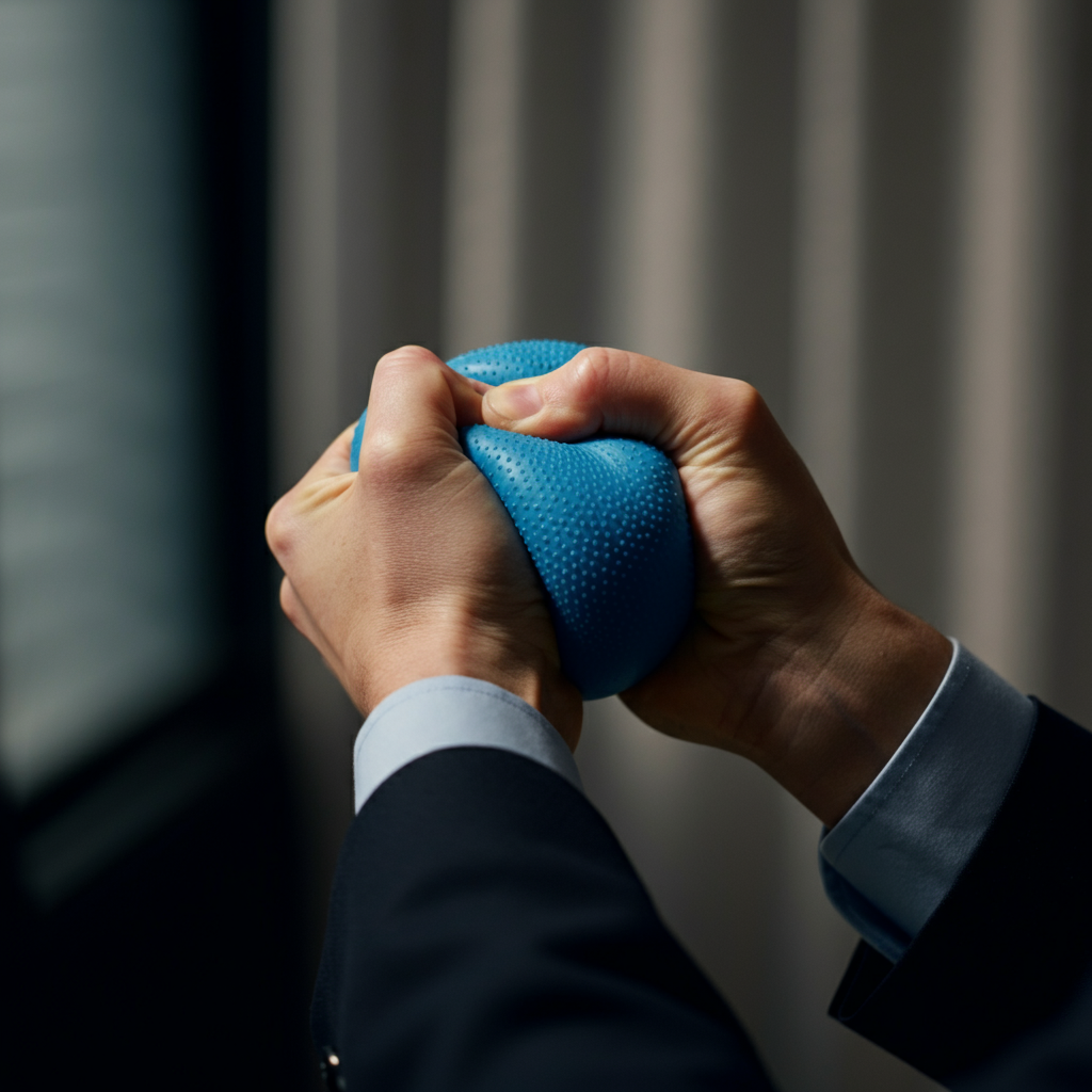 A person's hands holding a stress ball, squeezing it gently. The background is blurred, but suggests an office environment. Soft, natural lighting from a window.