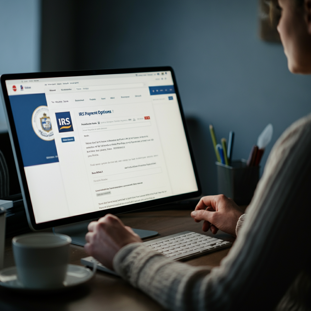 Close-up on a computer screen displaying the IRS website, specifically the page detailing payment options. The screen is well-lit, showing clear text and logos. Soft focus in the background suggests a home office setting.