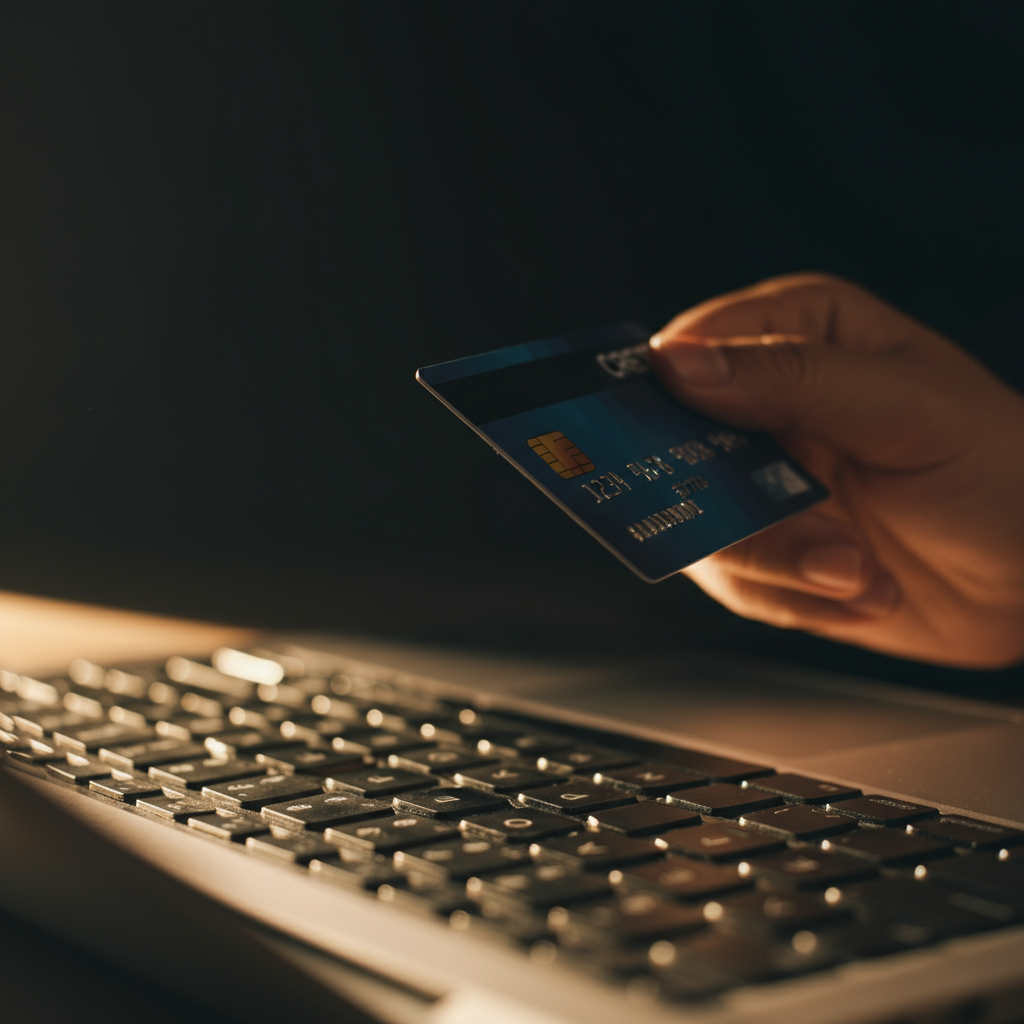 A hand holding a credit card, hovering above a laptop keyboard. The lighting is warm and golden, highlighting the texture of the credit card and the keys. The background is slightly blurred to focus on the hand and card.