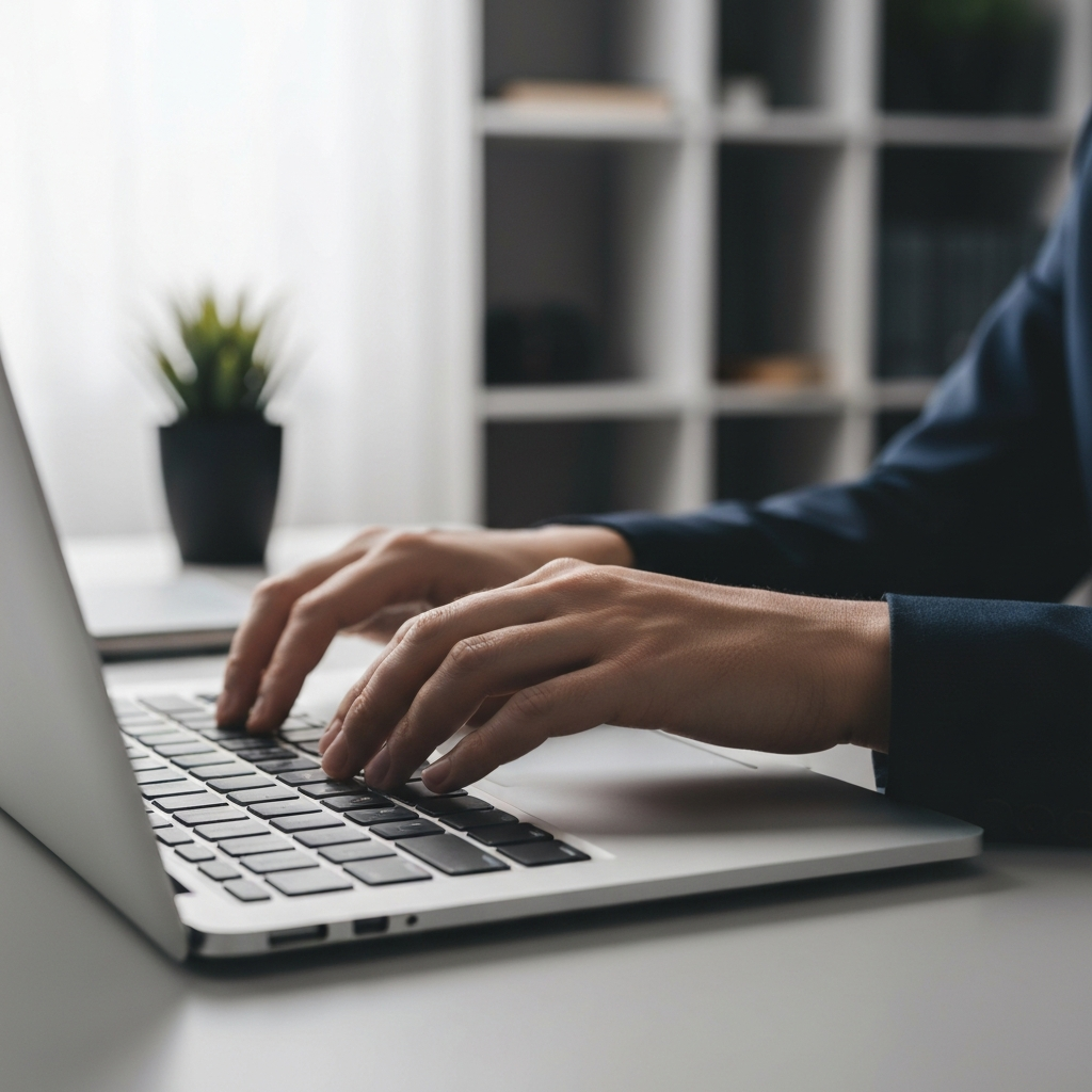 A person typing on a laptop keyboard, with a focus on their hands and the keys. The lighting is soft and diffused, creating a comfortable and professional atmosphere. The background is blurred, showing a tidy desk and a few personal items.