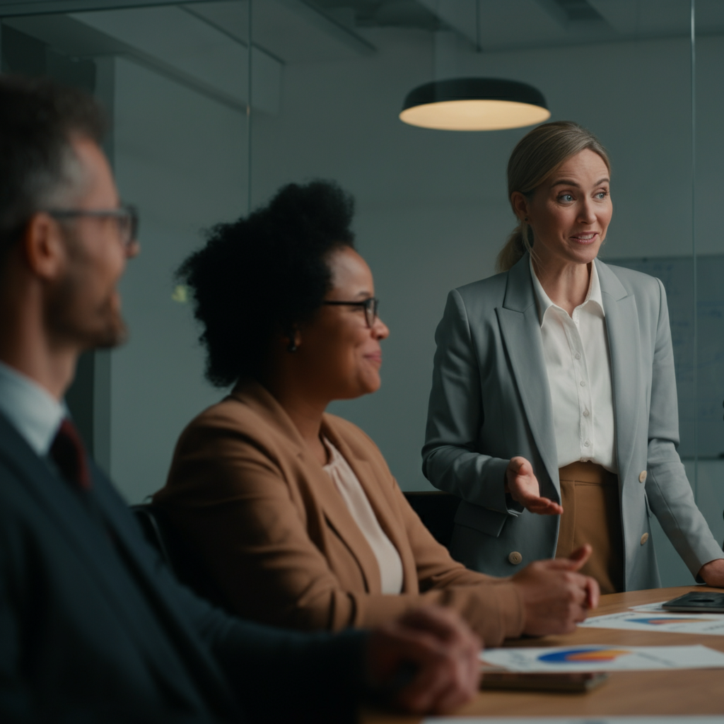 A brightly lit office meeting room. A woman in a professional blazer smiles subtly as she tells a joke. The rest of the meeting attendees are partially visible, some chuckling lightly, others nodding in appreciation. Soft bokeh on the background.