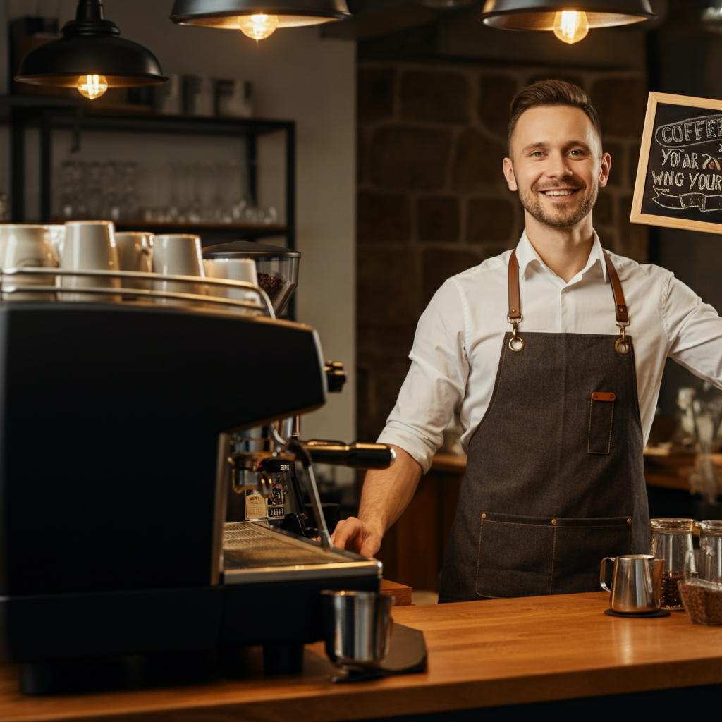 A barista standing behind a sleek espresso machine. He is smiling mischievously as he holds up a chalkboard with a coffee pun written on it. The lighting is warm and inviting, highlighting the rich textures of the coffee beans and wooden countertop.