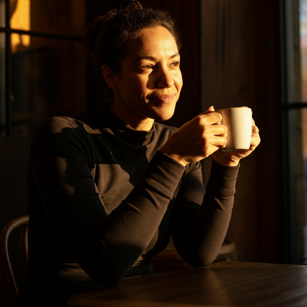 A person sitting at a sun-drenched cafe table, holding a coffee mug. The light is diffused and creates soft shadows. The person is smiling slightly, looking thoughtfully at the coffee.