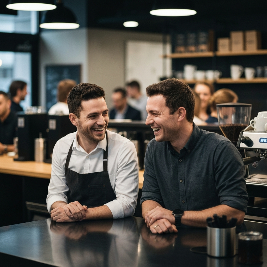 Two baristas are leaning against the counter of a bustling coffee shop, sharing a laugh. The background is filled with the soft blur of customers and coffee-making equipment. The lighting is bright and energetic.
