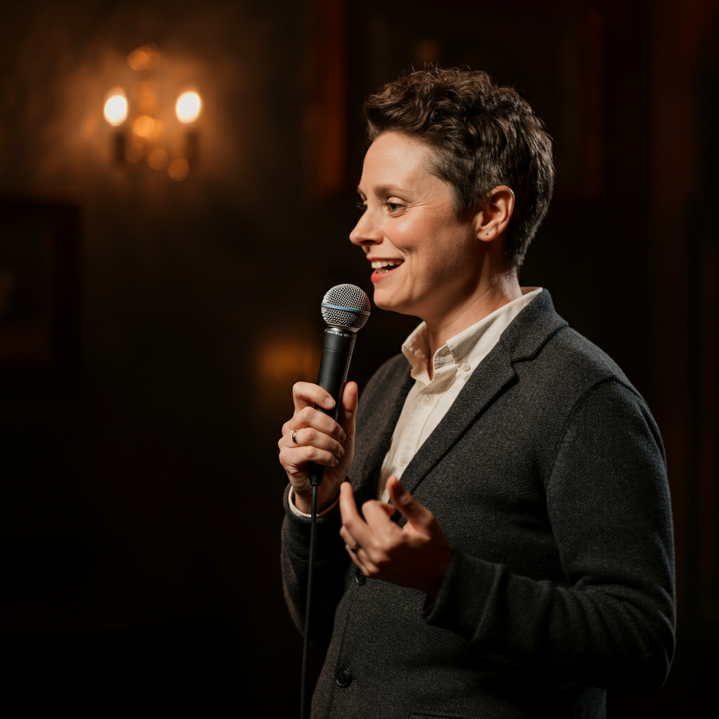 A comedian standing on a dimly lit stage, holding a microphone. They are mid-joke, with a playful expression on their face. The background is blurred, focusing attention on the comedian's delivery.