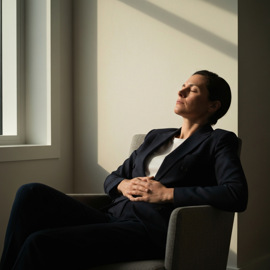 Person sitting comfortably in a chair, eyes closed, with one hand resting gently on their stomach. Soft, diffused light from a nearby window casts a warm glow.