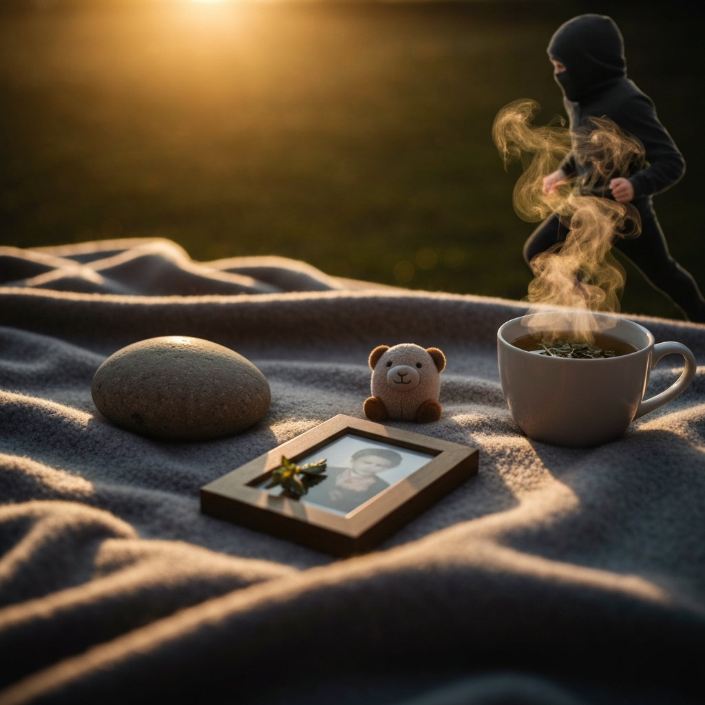 A collection of objects arranged on a soft blanket: a smooth river stone, a small plush toy, a cup of steaming herbal tea, and a small framed photograph. Warm, inviting lighting with a shallow depth of field.